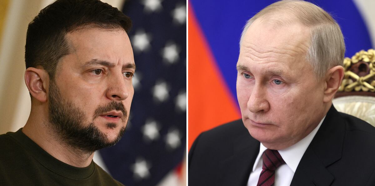 El presidente ucraniano Volodymyr Zelensky y elpresidente ruso Vladimir Putin. (Foto de Brendan SMIALOWSKI y Mikhail METZEL / varias fuentes / AFP)