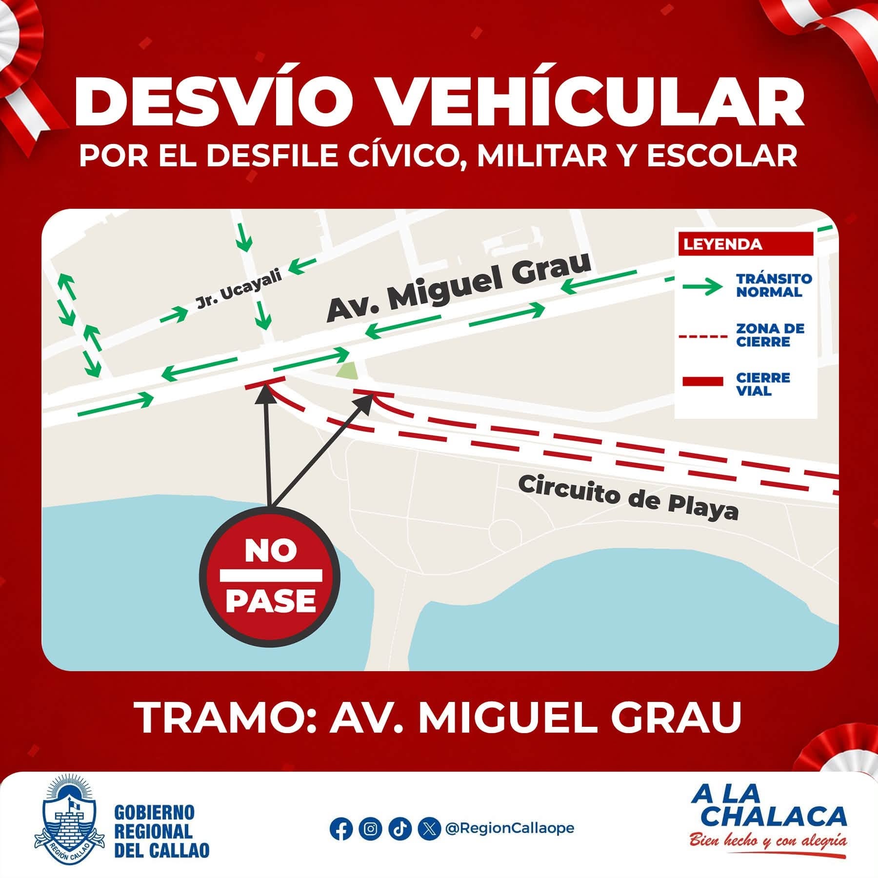 Callao: tramo chalaco de la Costa Verde seguirá cerrado hasta las 8 p. m. por desmontaje tras desfile patrio. Foto: GORE Callao.