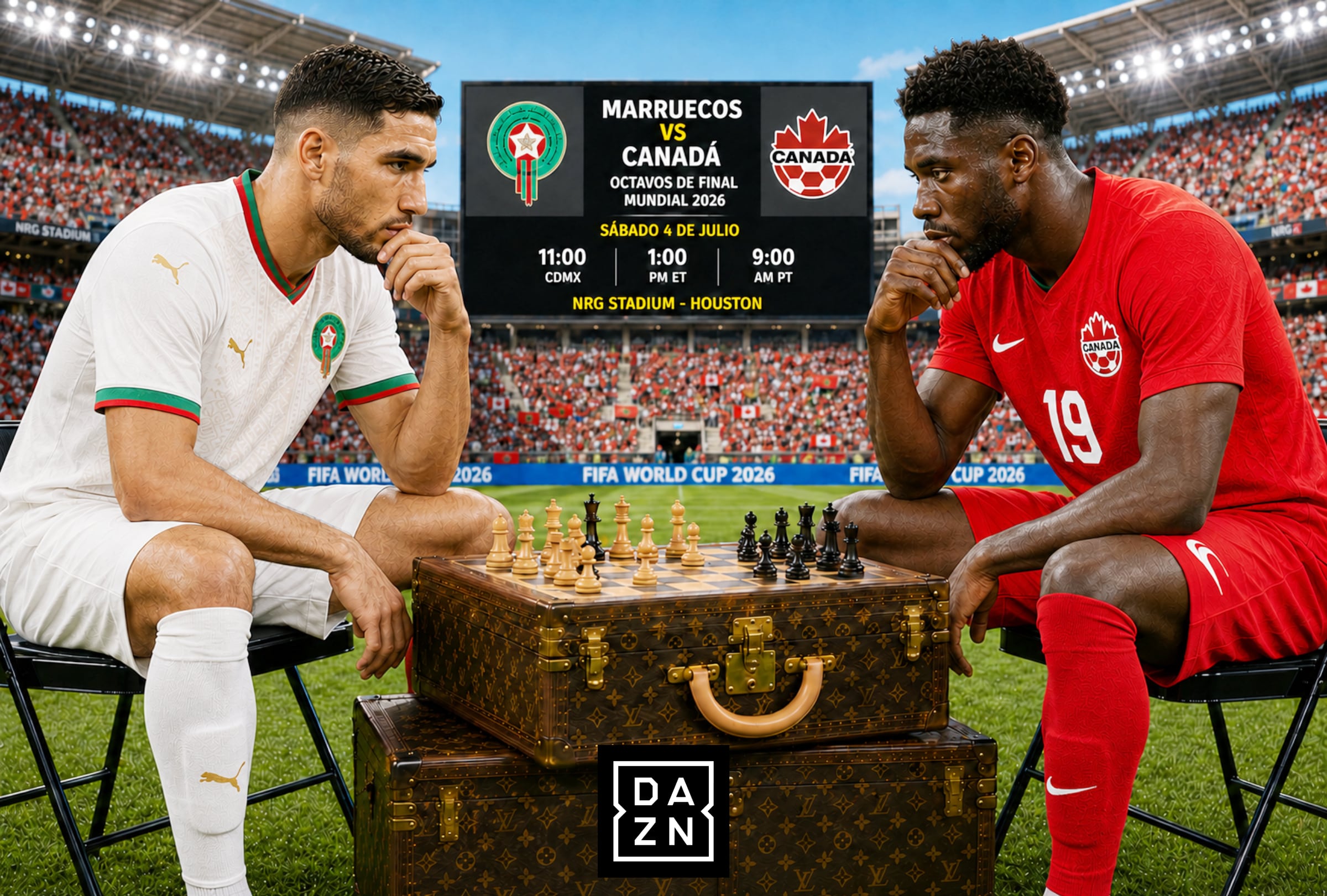 HOUSTON, TEXAS (ESTADOS UNIDOS), 04/07/2026.- Cobertura oficial de DAZN EN DIRECTO ONLINE para ver el partido Marruecos — Canadá hoy por los octavos de final del Mundial 2026 en el NRG Stadium de Houston, Texas. FOTO DE NOÉ YACTAYO