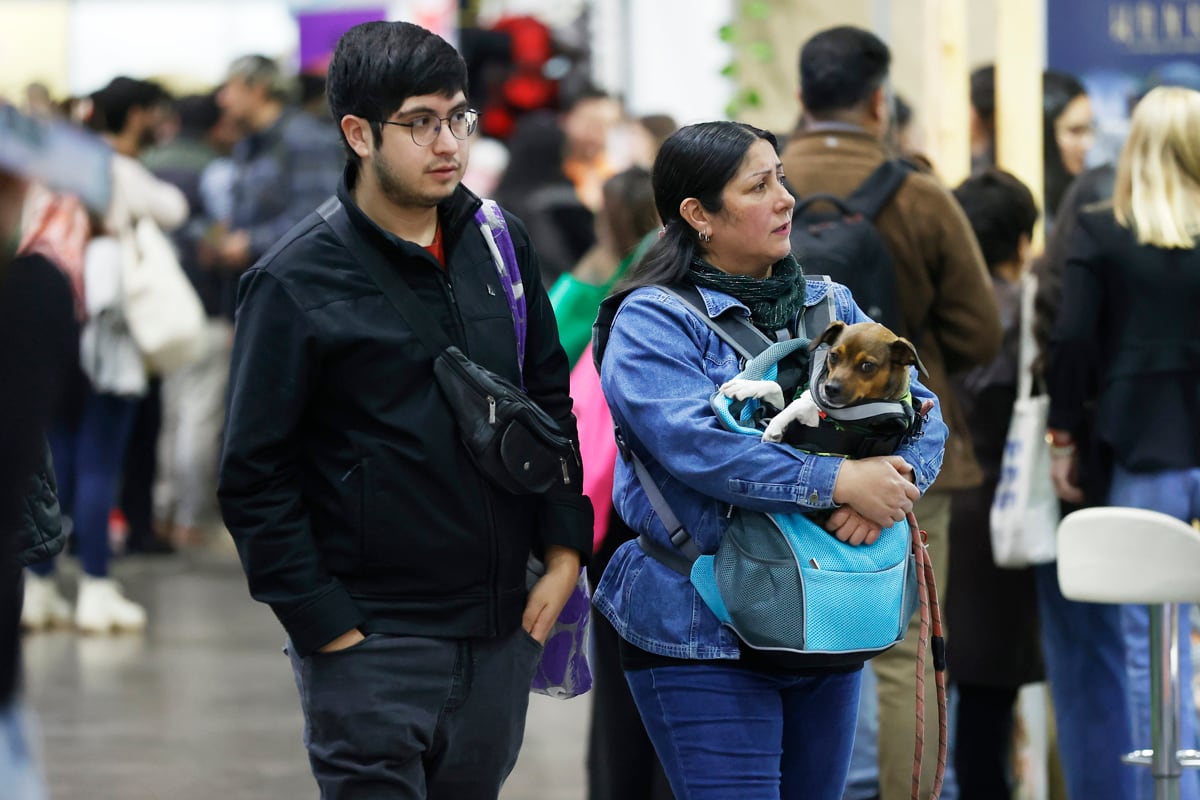 Fotografía del 30 de mayo 2026 que muestra a una persona cargando a un perro durante la 'Expo Mascotas & Animales', en Santiago (Chile). Mientras la natalidad en Chile cae a mínimos históricos y se reducen las maternidades en algunos hospitales, las mascotas ganan terreno y la industria de los animales domésticos experimenta un crecimiento explosivo en el país con la tasa de fecundidad más baja de Latinoamérica. EFE/ Elvis González