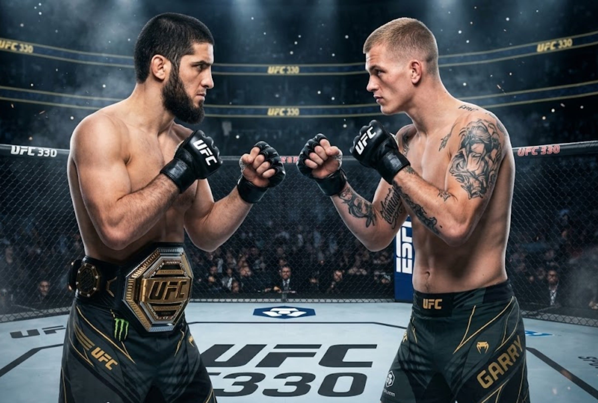 FILADELFIA, PENSILVANIA (ESTADOS UNIDOS), 15/08/2026.- Resultado de la pelea entre Makhachev vs. Ian Garry de este sábado 15 de agosto por la estelar de UFC 330 que se realizará en la jaula de acero del Xfinity Mobile Arena en Filadelfia. FOTO creada por Gemini y UFC.COM.