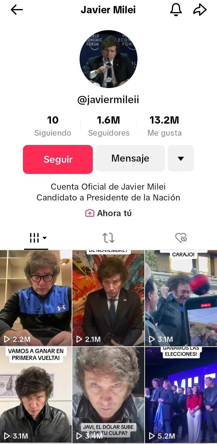 Cuenta de Tik Tok de Javier Milei