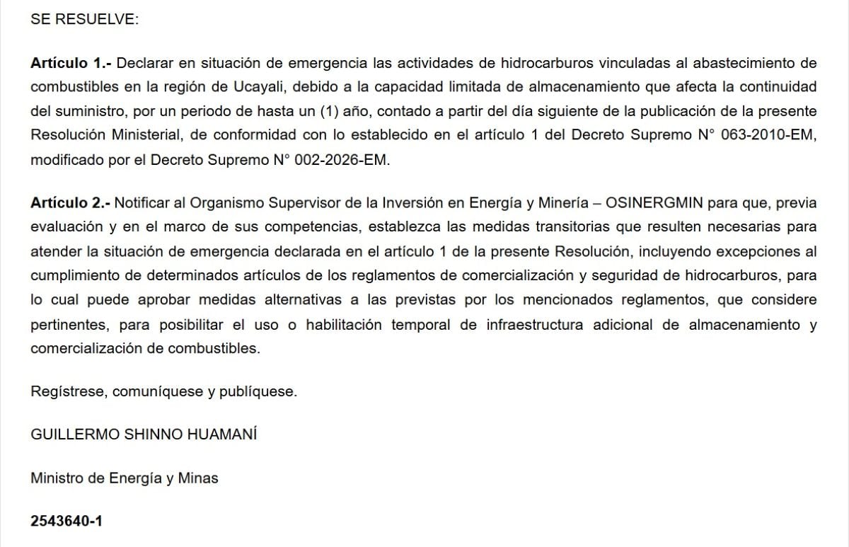 El Minem declaró en emergencia las actividades de hidrocarburos vinculadas al abastecimiento de combustibles en Ucayali por hasta un año. Foto: Diario Oficial El Peruano.