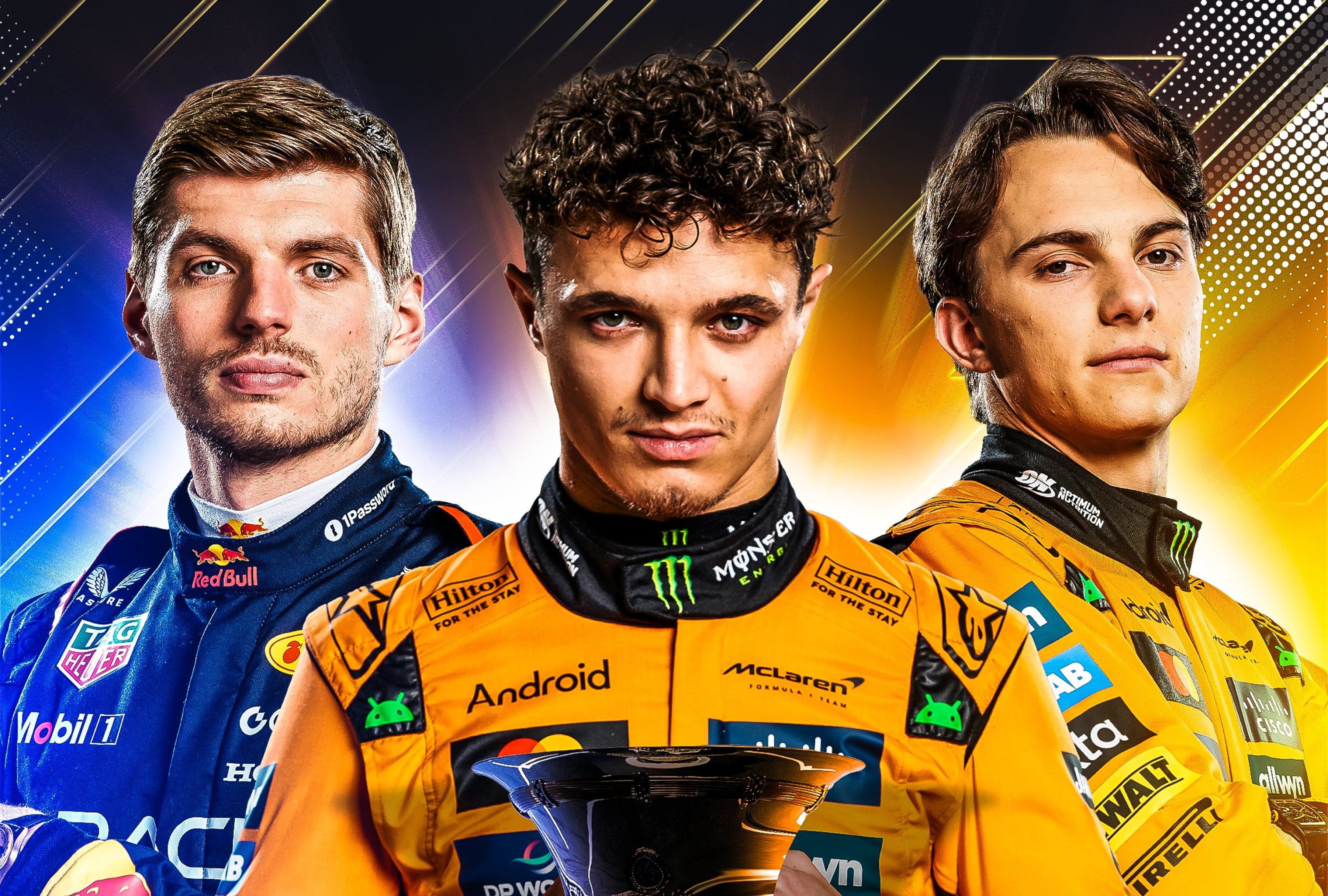 Los pilotos de Fórmula 1 Lando Norris (McLaren), líder del Mundial; Max Verstappen (Red Bull) y Oscar Piastri (McLaren), a 12 y 16 puntos, respectivamente; viven en el Gran Premio de Abu Dabi, en el circuito de Yas Marina, el último asalto por el título, con favoritismo para los del 'Team Papaya' frente a la ambición infinita del neerlandés. | Crédito: @F1 / X