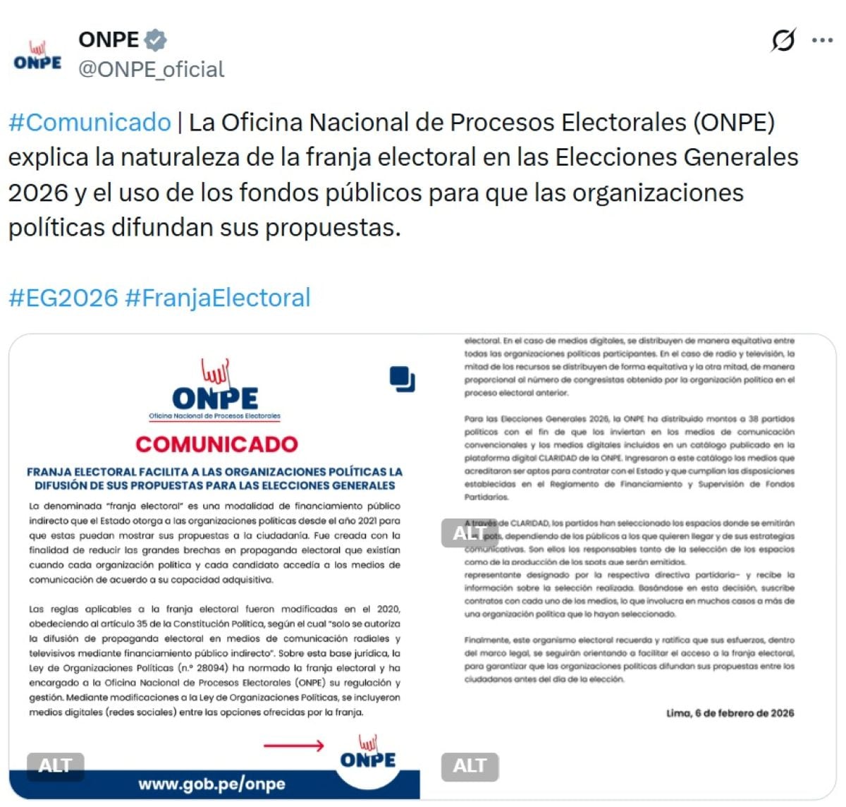 Comunicado emitido por la ONPE. Foto: X.