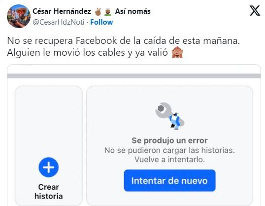 Usuarios reportan caída de Facebook e Instagram. Foto: X