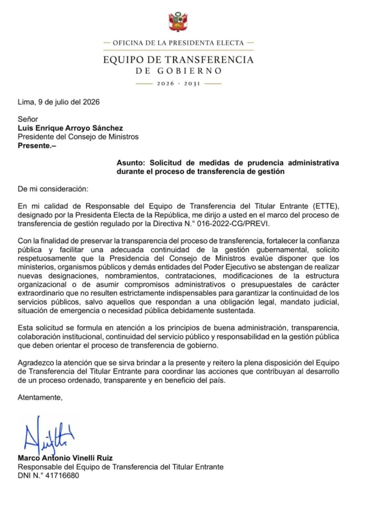 El Equipo de Transferencia solicitó a la PCM suspender nuevas designaciones, contrataciones y otros actos administrativos extraordinarios durante el proceso de cambio de gobierno. Foto: X.