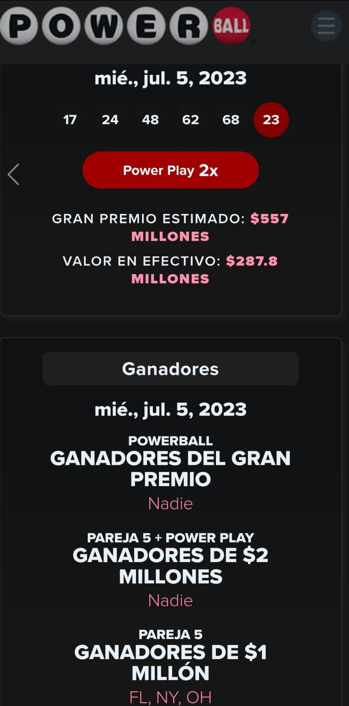 Powerball sorteó un bote de 546 millones de dólares el 5 de julio de 2023, pero nadie se lo llevó (Foto: Powerball)