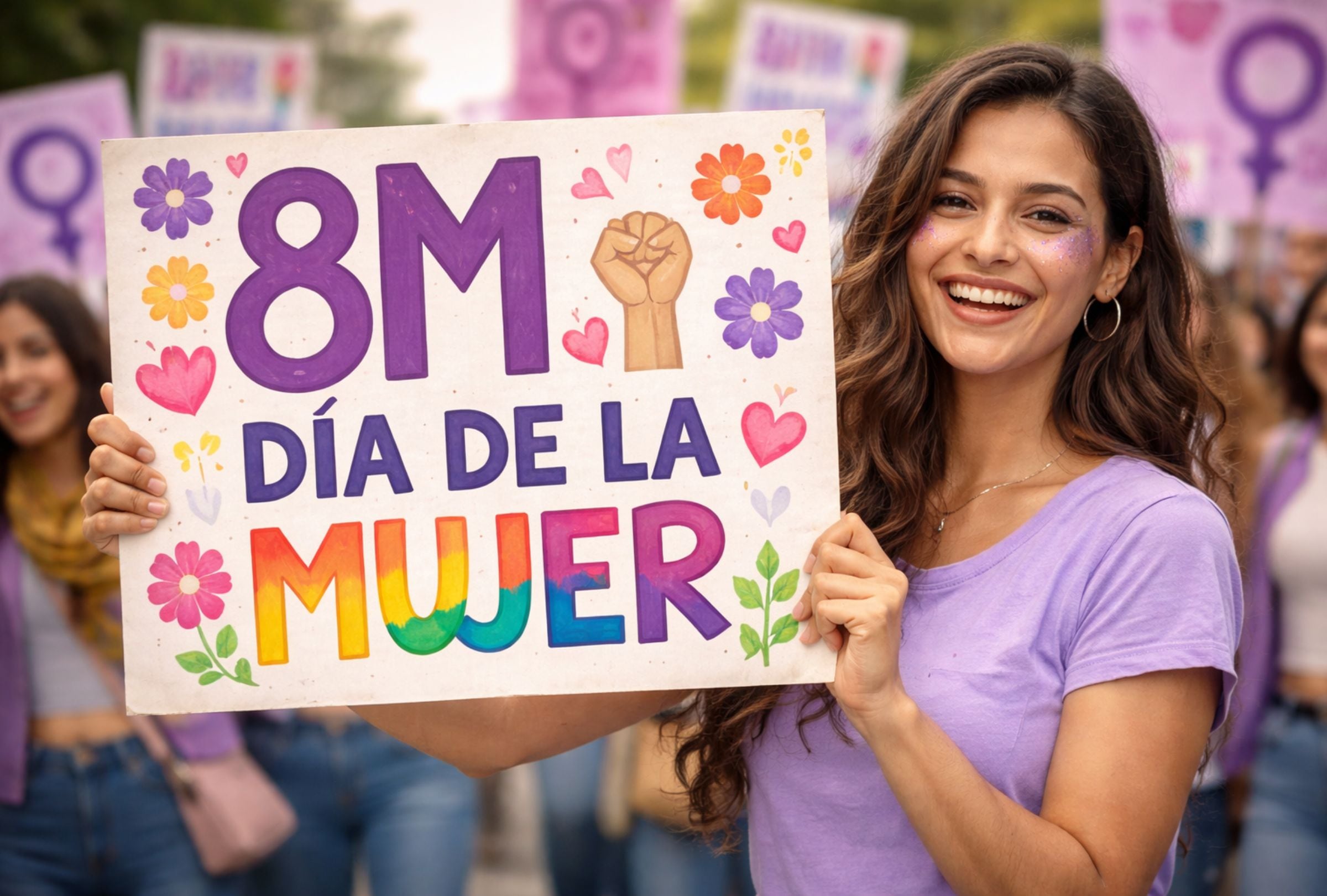Toma una de estas 100 frases para pancartas del 8M 2026: mensajes poderosos por los derechos de todas las mujeres. (Foto: Imagen creada por El Comercio Mag usando la IA de ChatGPT)