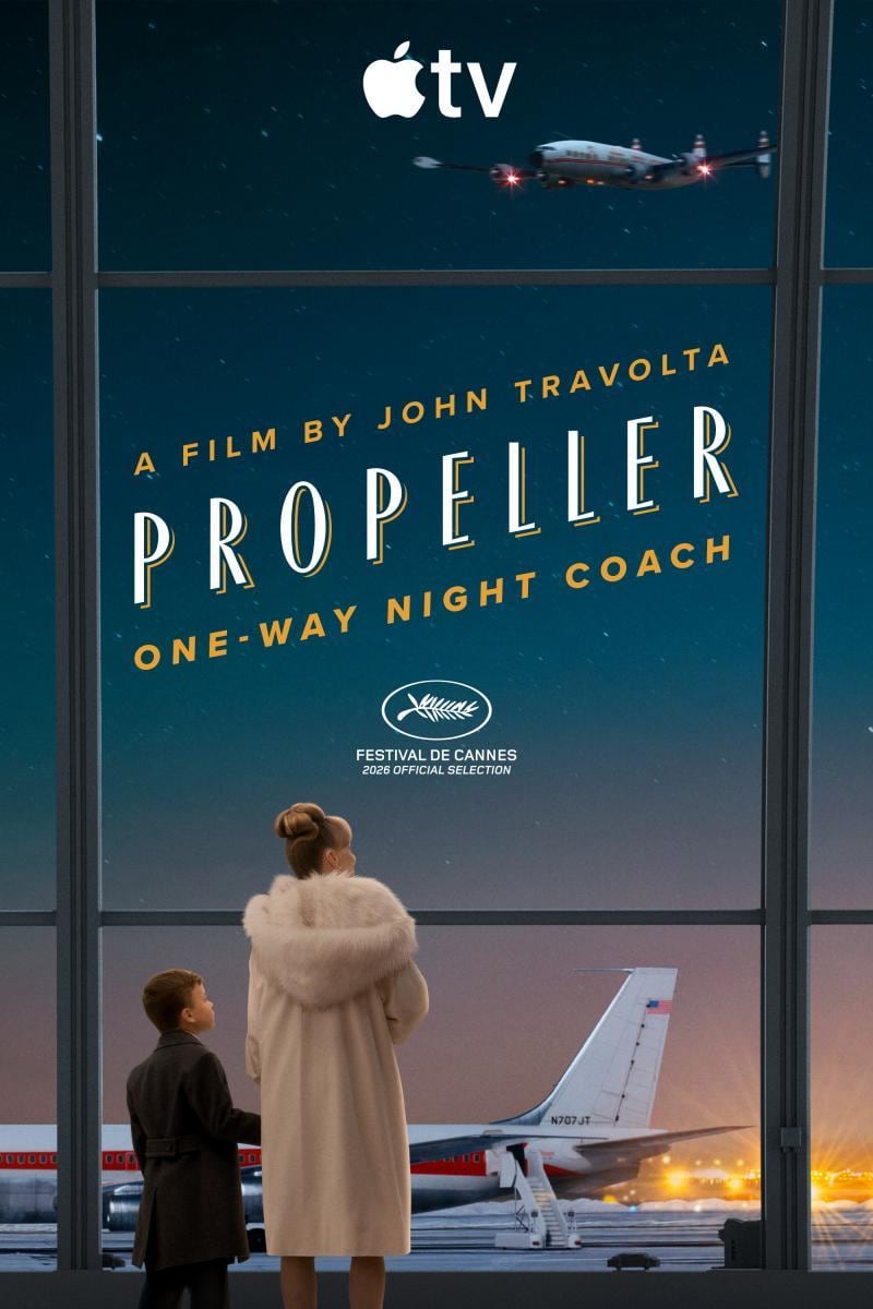El póster de "Propeller One-Way Night Coach", película dirigida por John Travolta que se desarrolla a lo largo de 61 minutos de metraje (Foto: JTP Productions / Apple TV+)