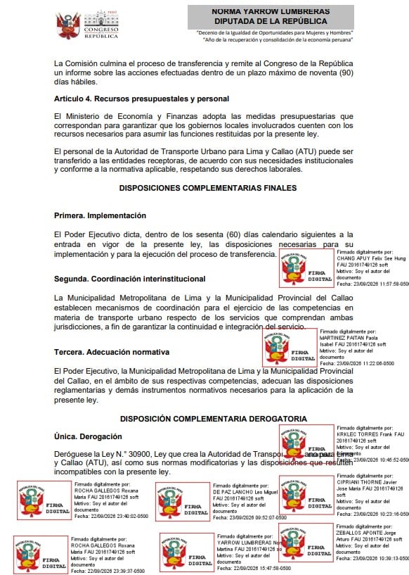 La iniciativa propone derogar la ley que creó la ATU y trasladar sus funciones, recursos, bienes y personal a los gobiernos locales. Foto: Congreso.