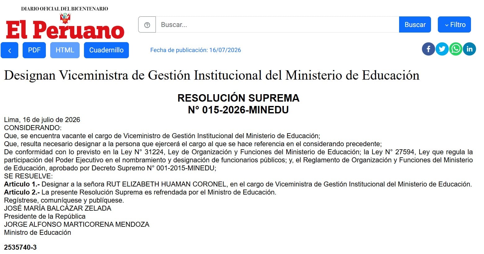 Minedu designa a Rut Elizabeth Huamán como nueva viceministra de Gestión Institucional. Foto: El Peruano.