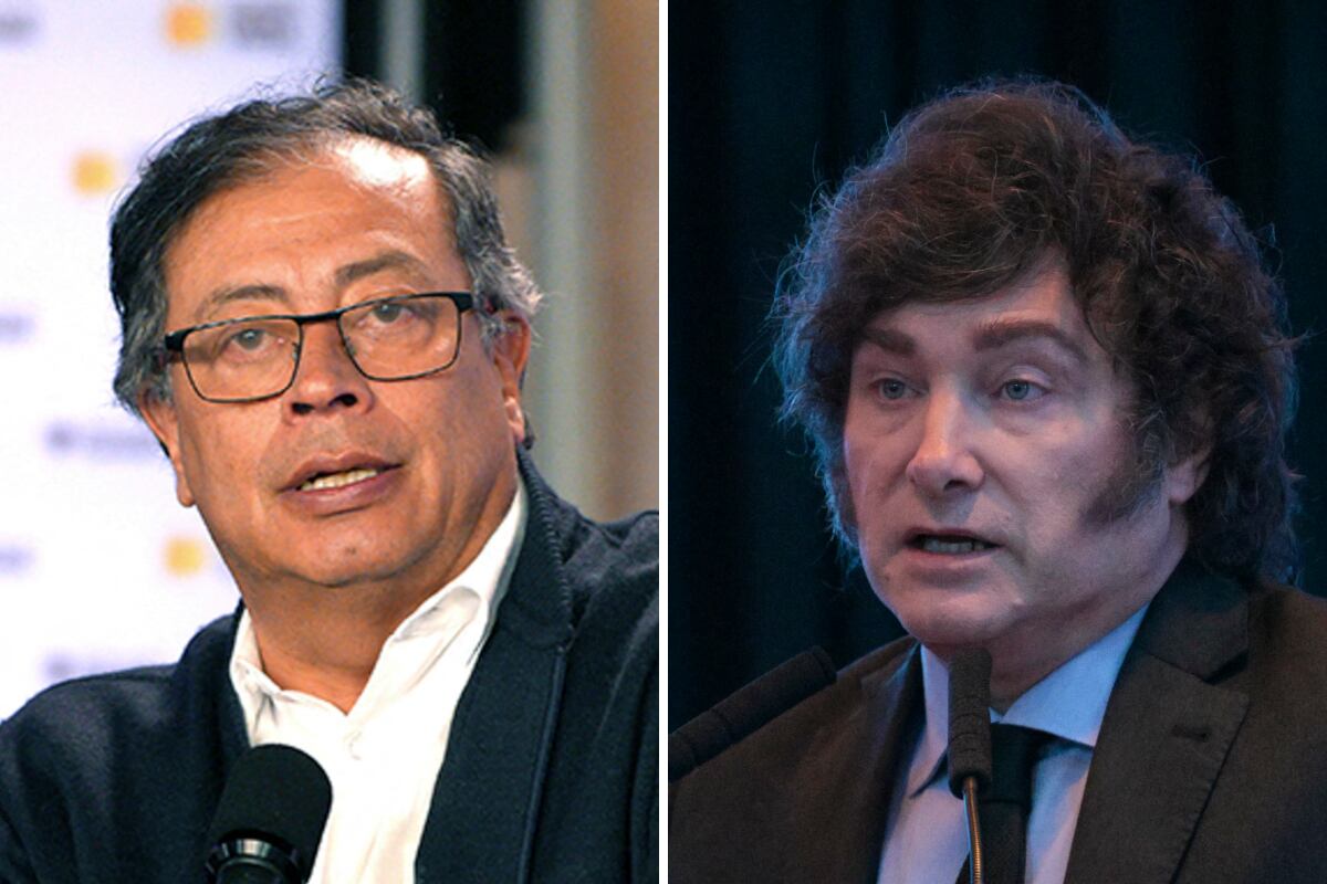 El presidente colombiano, Gustavo Petro; y el mandatario de Argentina, Javier Milei. (Fotos de Presidencia de Colombia / Juan Mabromata / AFP)