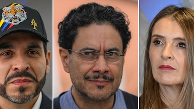 De izquierda a derecha, Abelardo de la Espriella, Iván Cepeda y Paloma Valencia, los favoritos para ganar las elecciones presidenciales en Colombia. (Foto de Luis ACOSTA y Raúl ARBOLEDA / AFP).