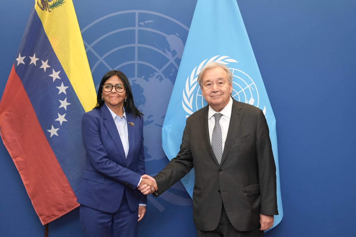 El secretario general de la ONU, António Guterres, y la presidenta de Venezuela, Delcy Rodriguez, durante una reunión este lunes, previo a la 81.ª Asamblea General de las Naciones Unidas en Nueva York, el 21 de septiembre de 2026. (Angel Colmenares / EFE)