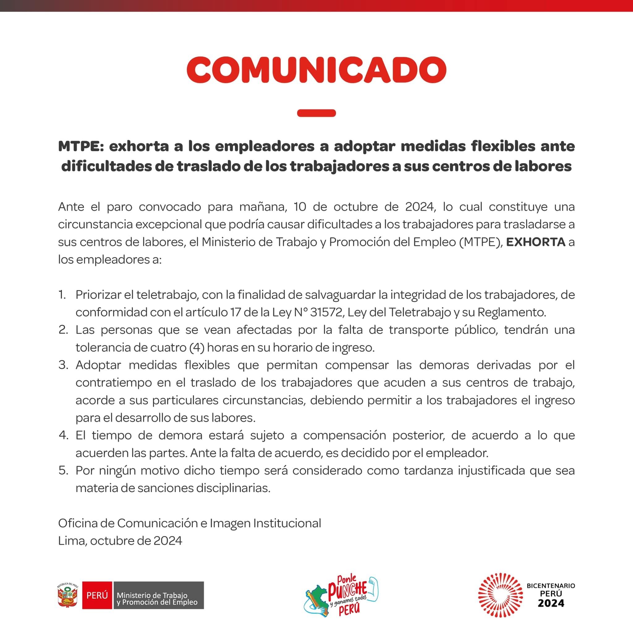 MTPE anuncias medidas ante el paro del 10 de octubre | Foto: X