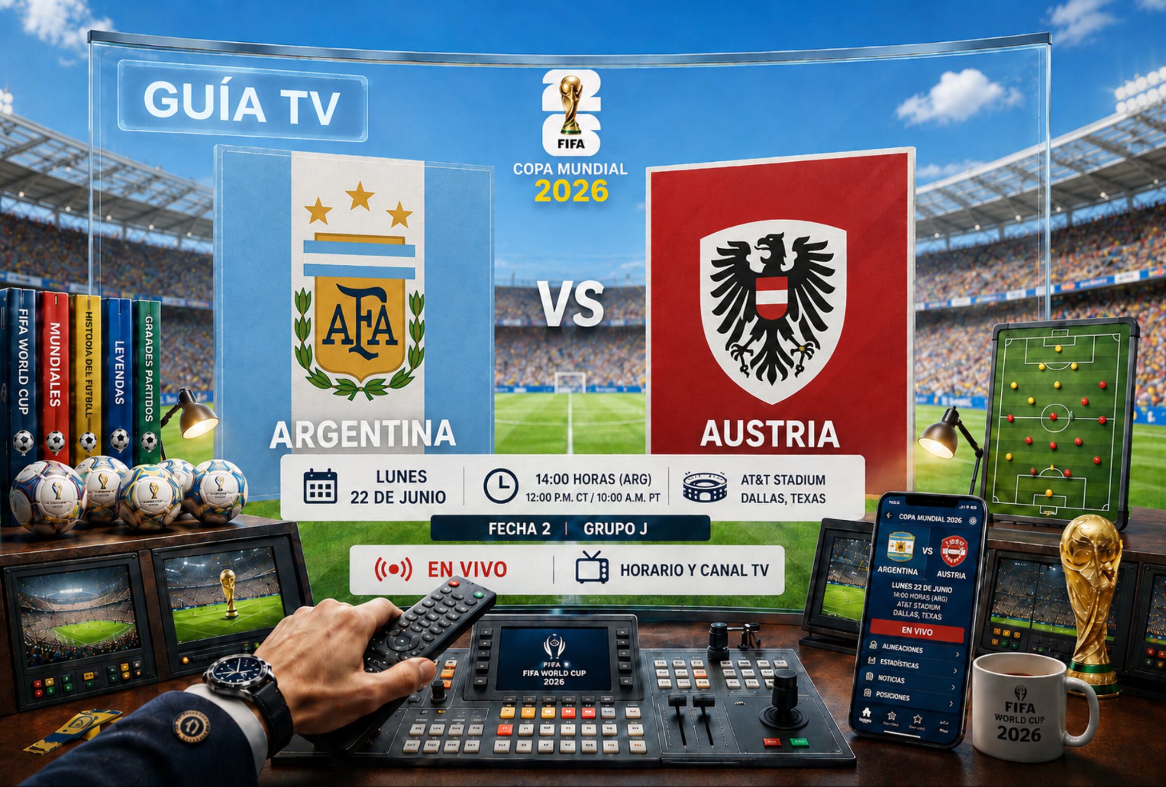 DALLAS, TEXAS (ESTADOS UNIDOS), 22/06/2026.- Lista de horarios y canales de TV en diferentes países del mundo para ver el partido Argentina vs. Austria hoy por la fecha 2 del grupo J del Mundial 2026 en el AT&T Stadium de Dallas, Texas. FOTO DE NOÉ YACTAYO