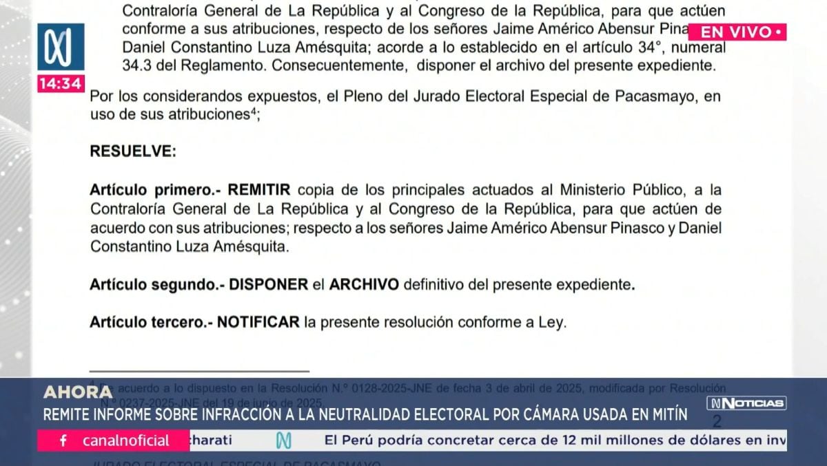 La resolución dispuso el archivo del expediente y el traslado de la documentación a entidades competentes. Foto: Captura Canal N.