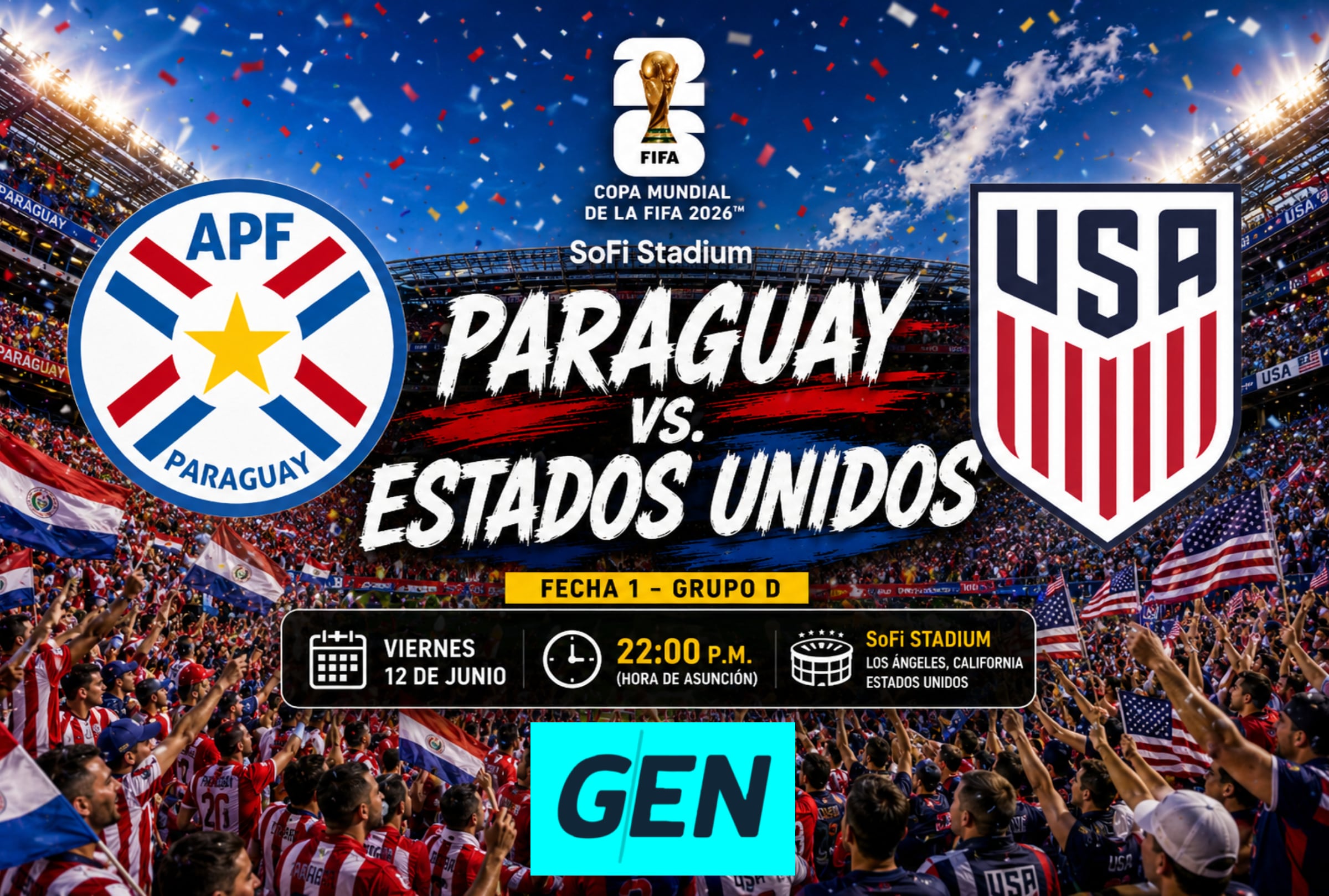 LOS ÁNGELES, CALIFORNIA (ESTADOS UNIDOS), 12/06/2026.- Cobertura oficial de GEN EN VIVO ONLINE para ver el partido entre Paraguay y Estados Unidos este viernes 12 de junio por la fecha 1 del grupo C del Mundial 2026 en el SoFi Stadium de Los Ángeles, California. FOTO DE NOÉ YACTAYO