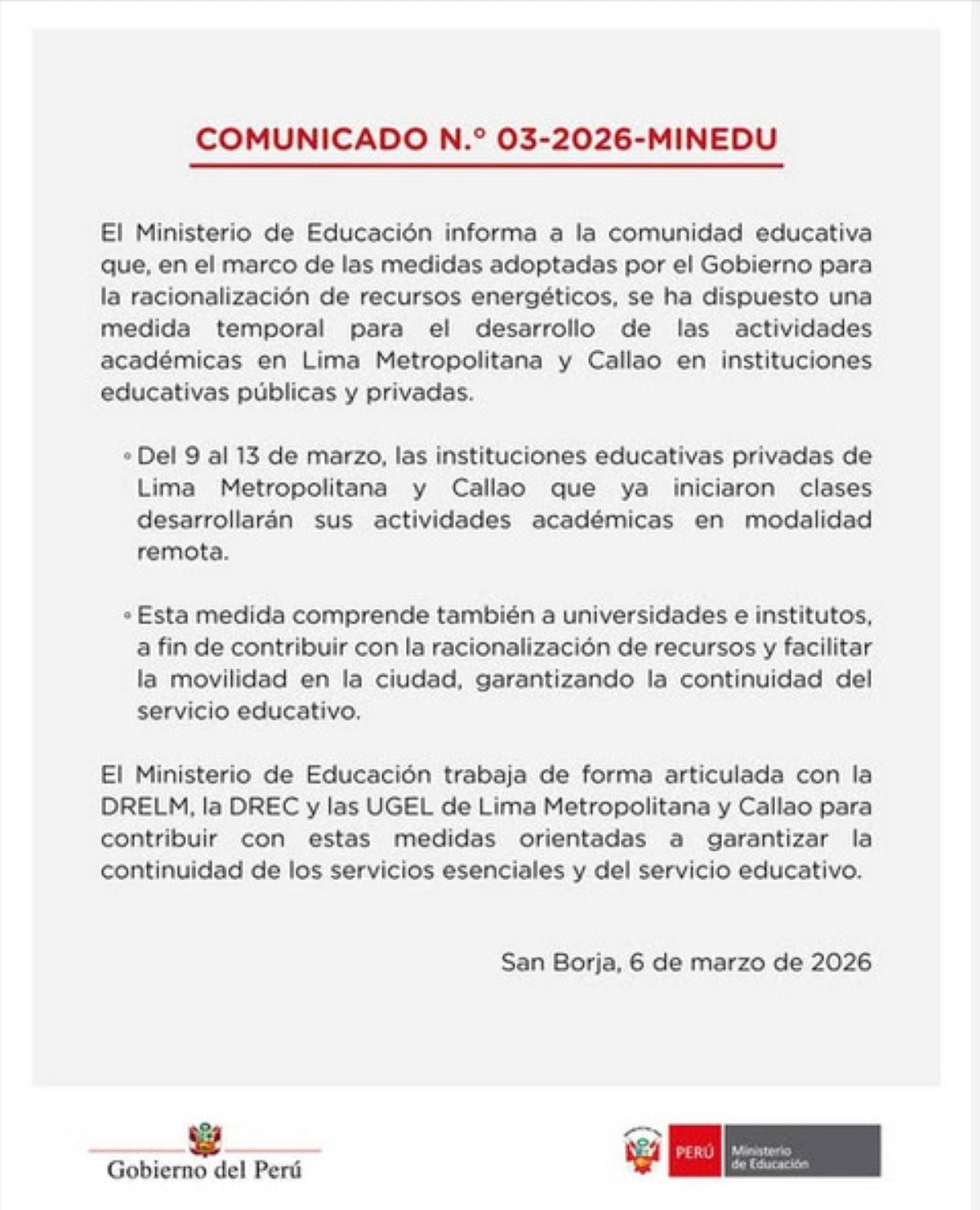 Comunicado del Minedu.