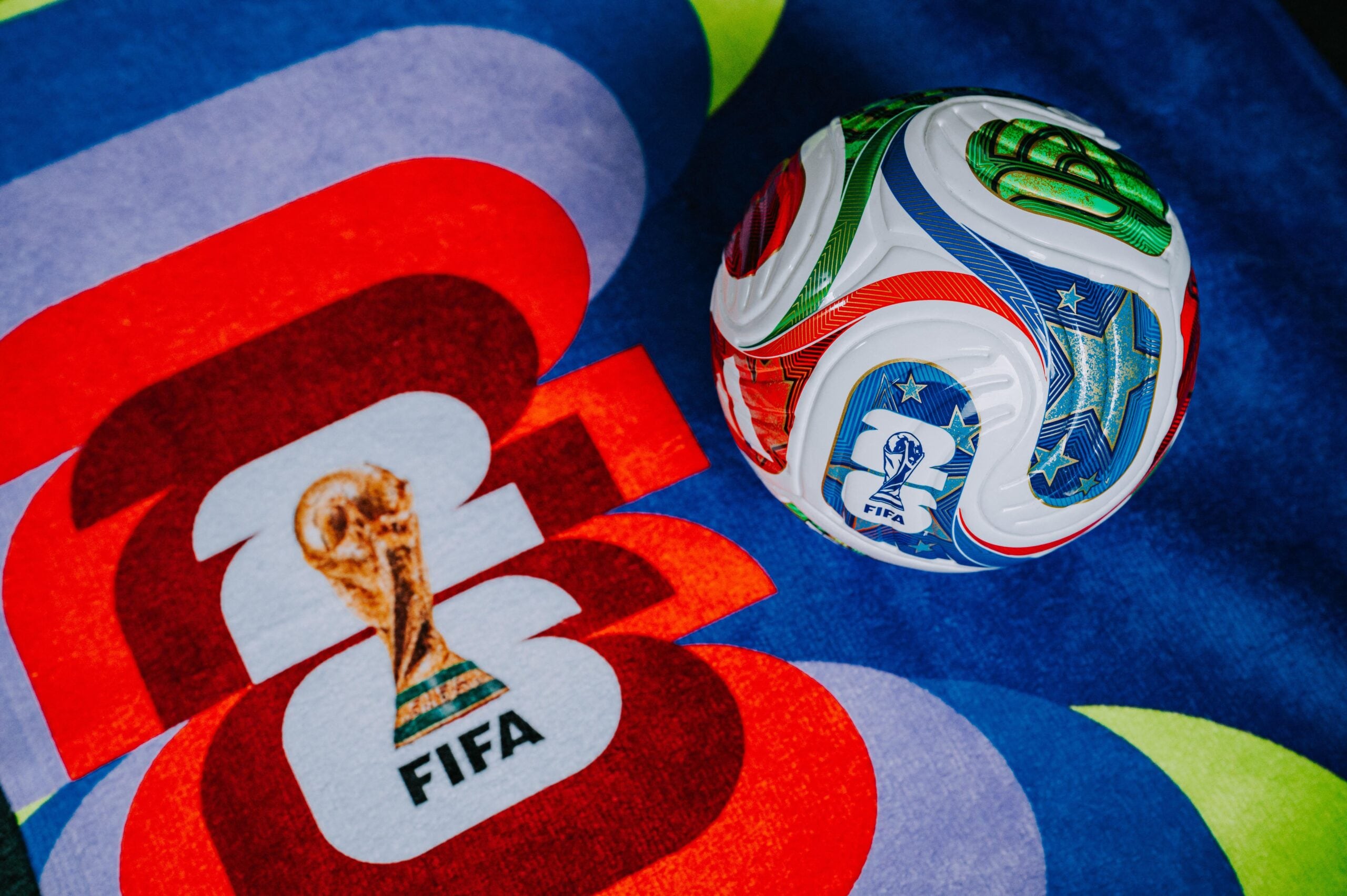 LOS ANGELES, USA, NOVEMBER 11, 2025: FIFA World Cup in 2026 background, official football ball and logo of World cup in United States, Mexico and Canada