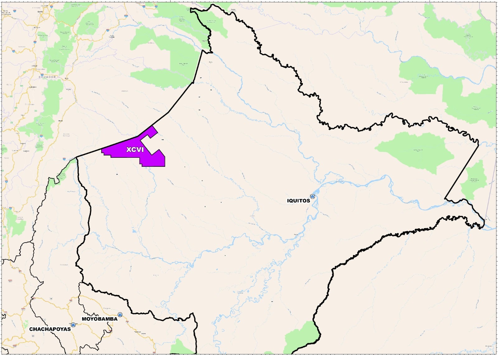 Lote XCVI, ubicado en la zona noroeste de la región Loreto, en límite con Ecuador