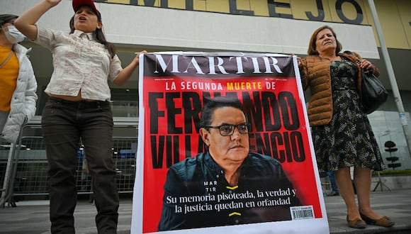 Familiares, amigos y simpatizantes del excandidato presidencial Fernando Villavicencio exigieron justicia tras su asesinato. (Foto: AFP)