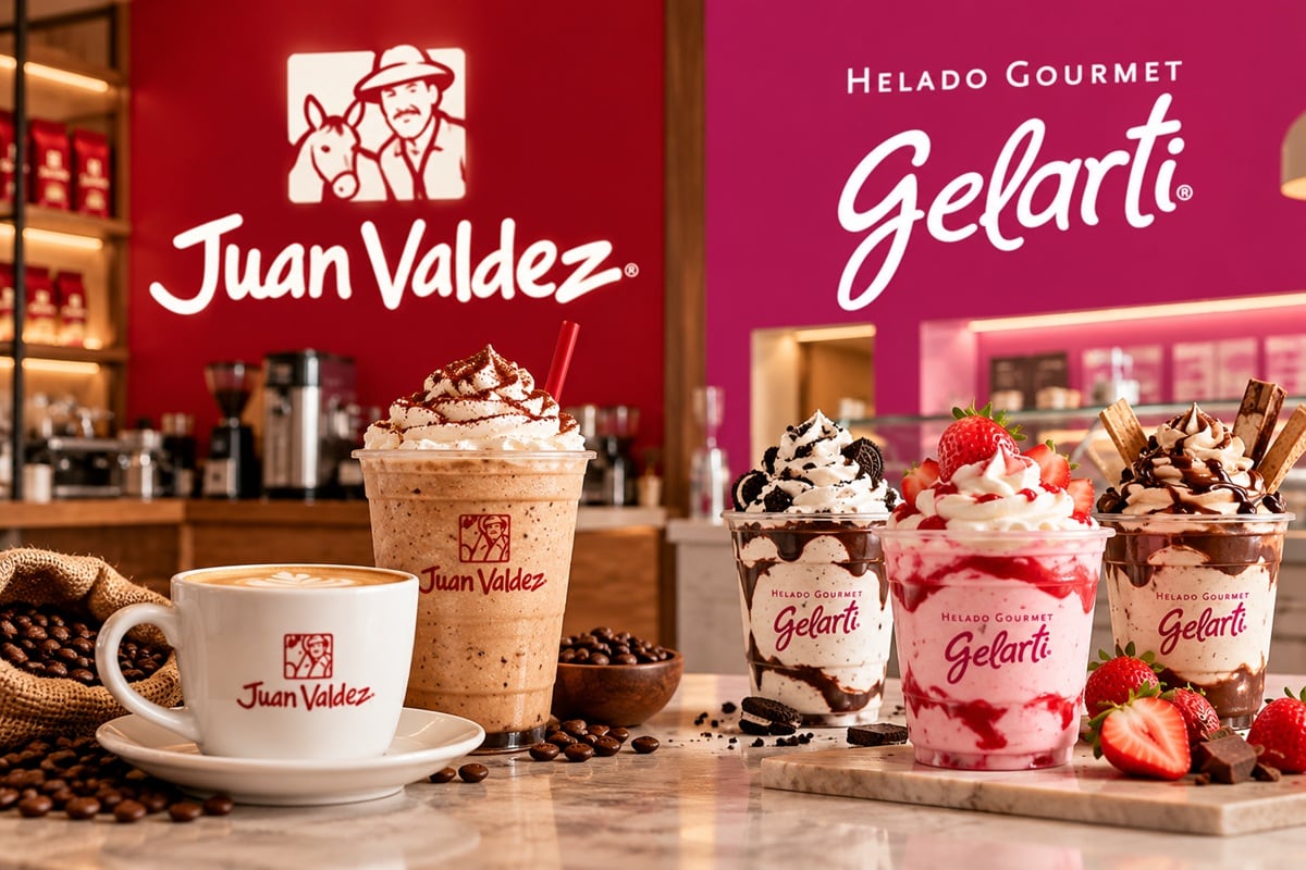 En el primer semestre de 2026, Juan Valdez abrió en Real Plaza Puruchuco, mientras Gelarti llegó a Real Plaza Chiclayo. (Foto: composición hecha con IA)