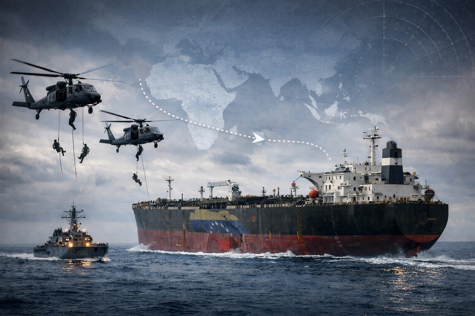 EEUU intercepta otro petrolero vinculado a Venezuela en el océano Índico. Foto composición para Gestión - ChatGPT