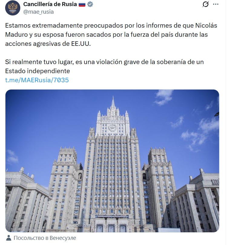 Pronunciamiento de la Cancillería de Rusia sobre la captura de Nicolás Maduro. Foto: Captura X.