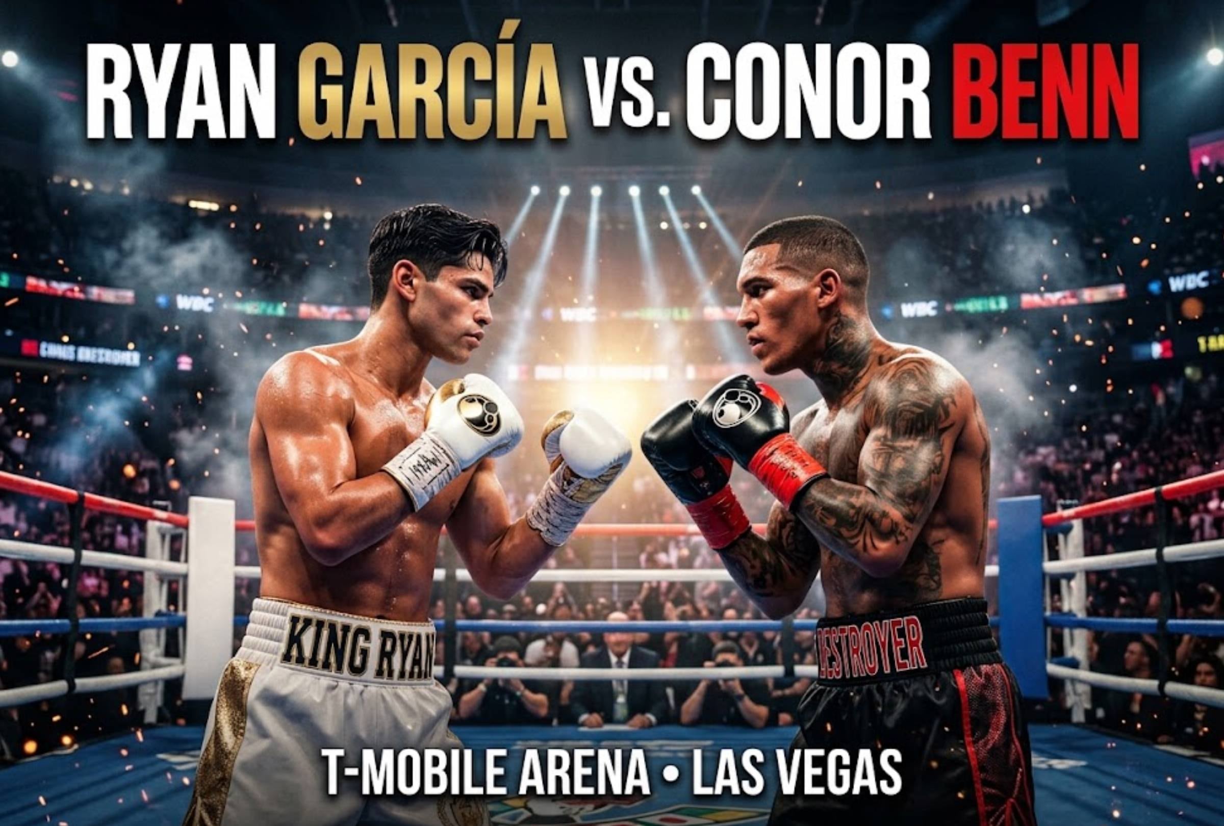 LAS VEGAS, NEVADA (ESTADOS UNIDOS), 12-09-2026. Hora, cartelera y dónde ver EN VIVO la pelea titular Ryan García vs. Conor Benn por el campeonato CMB que se realizará en T-Mobile Arena en Las Vegas. FOTO: Imagen creada con la IA de Gemini.