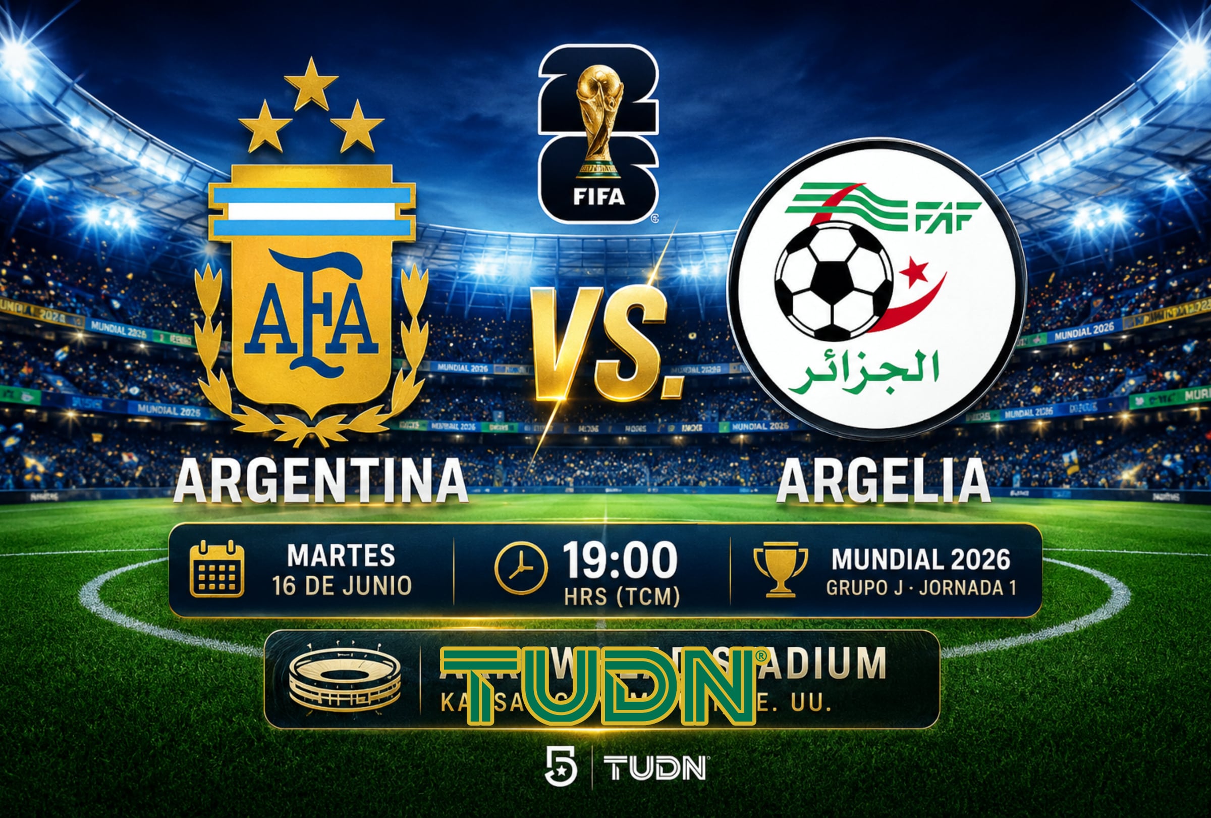 KANSAS, MISURI (ESTADOS UNIDOS), 16/06/2026.- Cobertura oficial de Canal 5 y TUDN EN VIVO GRATIS para ver el partido Argentina vs. Argelia hoy, con Lionel Messi, por la Jornada 1 del grupo J del Mundial 2026 en el Arrowhead Stadium de Kansas, Misuri. FOTO DE NOÉ YACTAYO