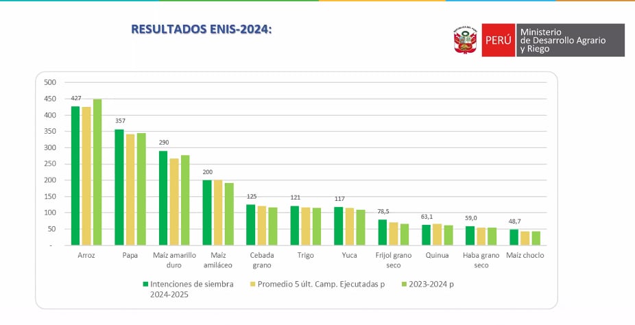 La Encuesta Nacional de Intenciones de Siembra proyecta un crecimiento de cultivos en 4.3% en la campaña agrícola 2024-2025.