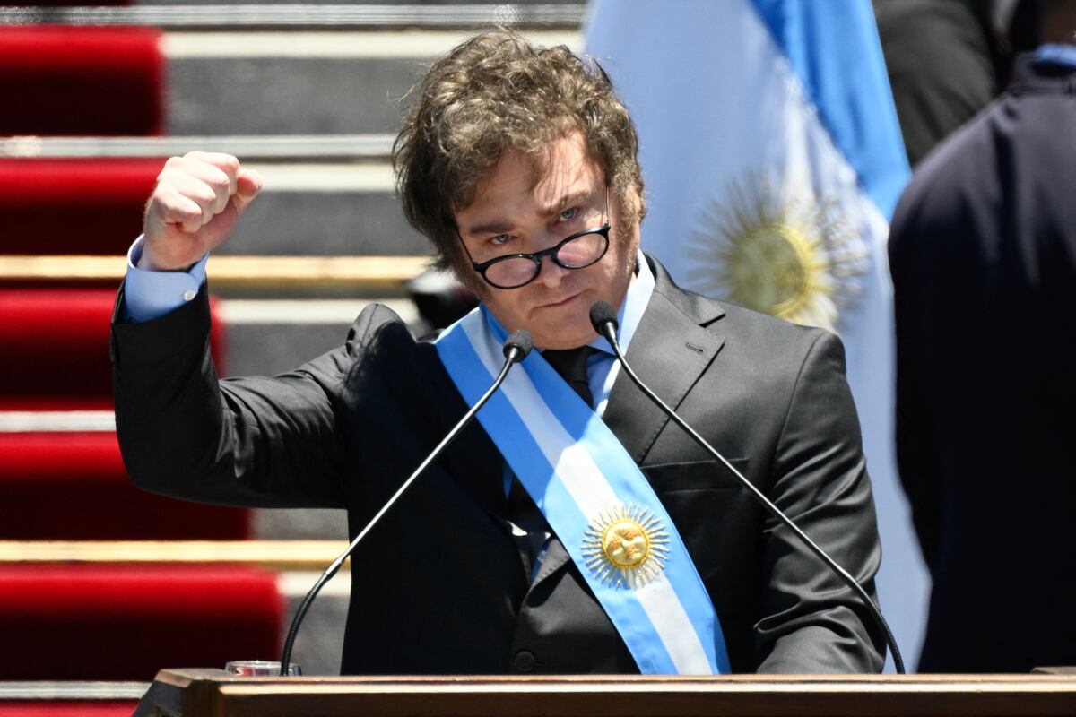 El nuevo presidente de Argentina, Javier Milei, hace gestos mientras pronuncia su discurso inaugural ante la multitud frente al Congreso en Buenos Aires el 10 de diciembre de 2023. (Foto de Luis ROBAYO/AFP).