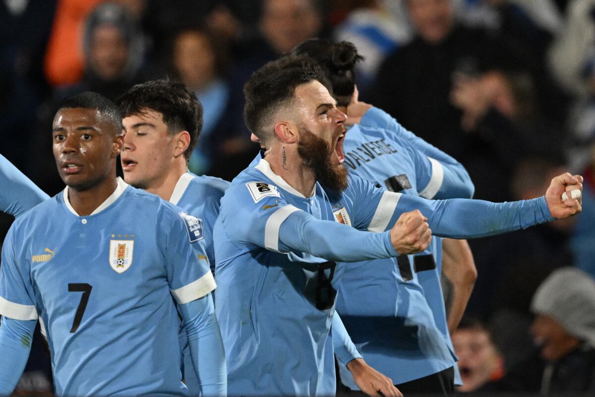 El centrocampista uruguayo Nahitan Nandez (centro) celebra un gol marcado por su compañero de equipo el delantero Darwin Nunez durante el partido de fútbol de clasificación sudamericana para la Copa Mundial de la FIFA 2026 entre Uruguay y Brasil en el Estadio Centenario de Montevideo el 17 de octubre de 2023. | Crédito: Eitan Abramovich / AFP