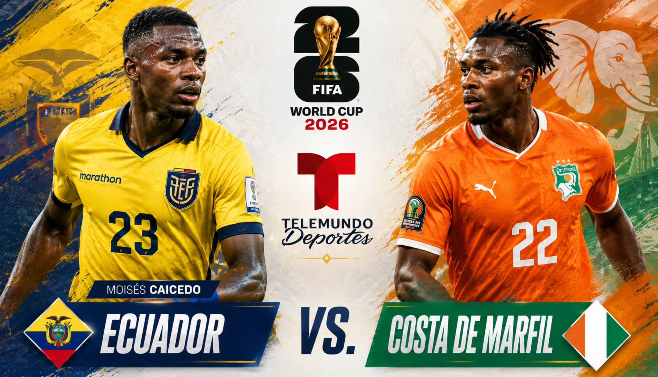 Señal en español de Telemundo Deportes y Peacock para seguir la transmisión de Ecuador vs. Costa de Marfil EN DIRECTO, este domingo 14 de junio, por el Mundial de Fútbol 2026. (Foto: Imagen creada por Gestión Mix utilizando la IA de Chat GPT)