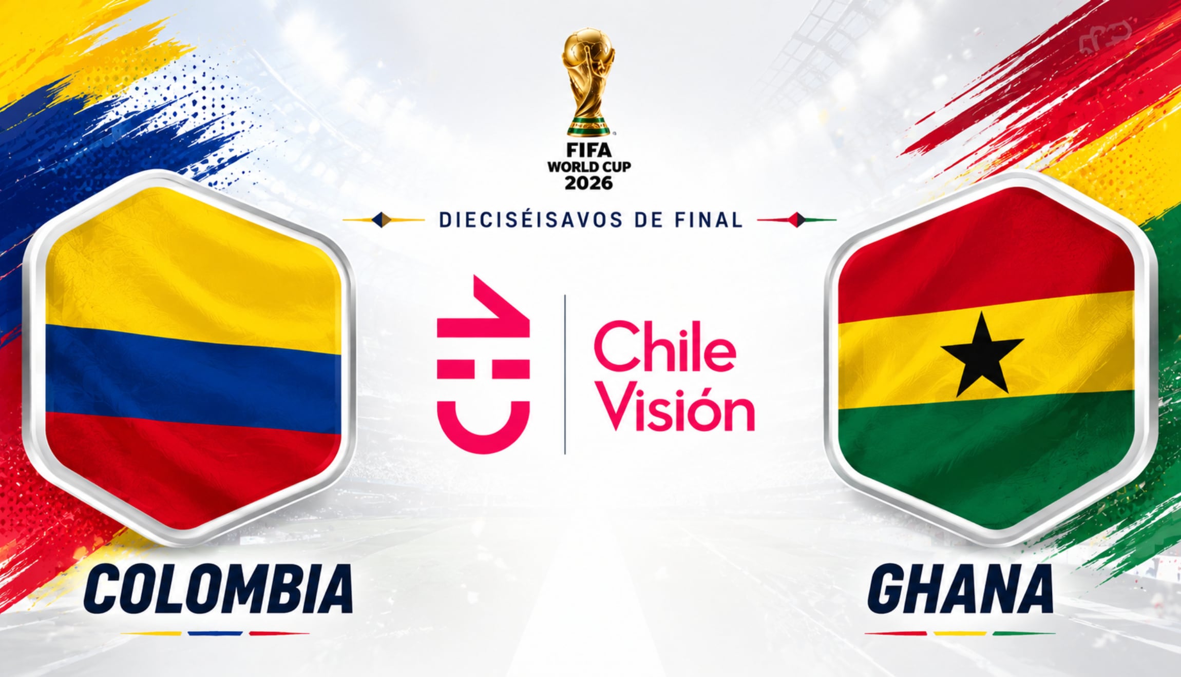 Mira Chilevisión para seguir la transmisión de Colombia vs. Ghana en vivo y en directo, por dieciseisavos de final del Mundial 2026, este viernes 3 de julio. (Foto: Imagen creada por Gestión Mix utilizando la IA de Chat GPT)