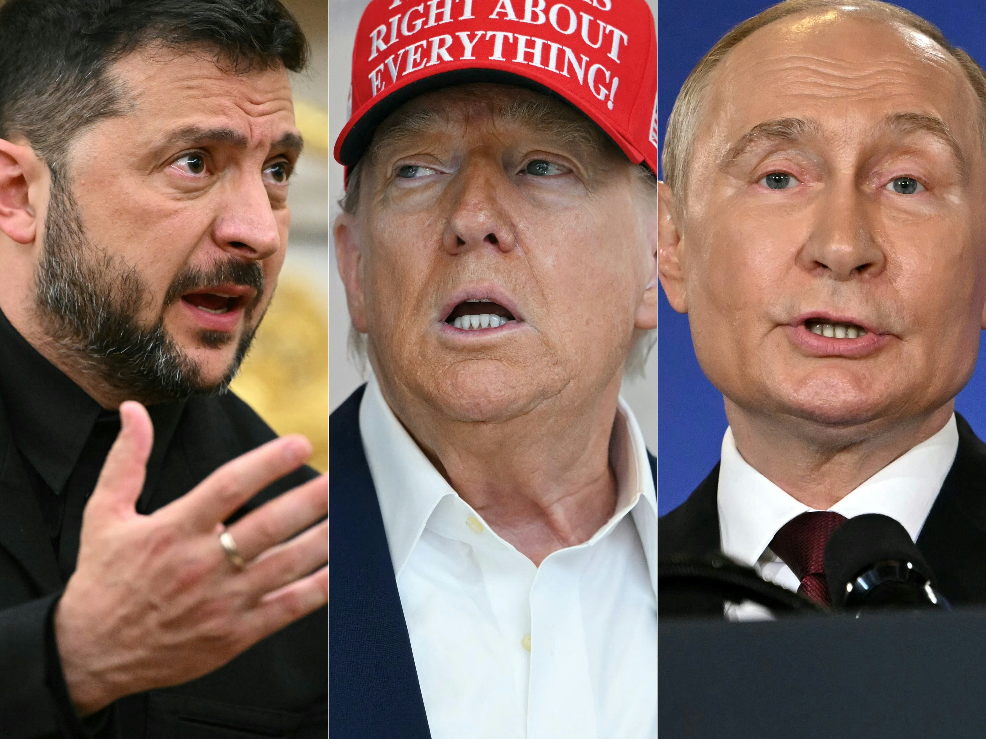 El presidente de Ucrania Volodymyr Zelensky, el presidente de Estados Unidos Donald Trump y el presidente de Rusia Vladimir Putin. (Fotos de Mandel NGAN y ANDREW CABALLERO-REYNOLDS / AFP).