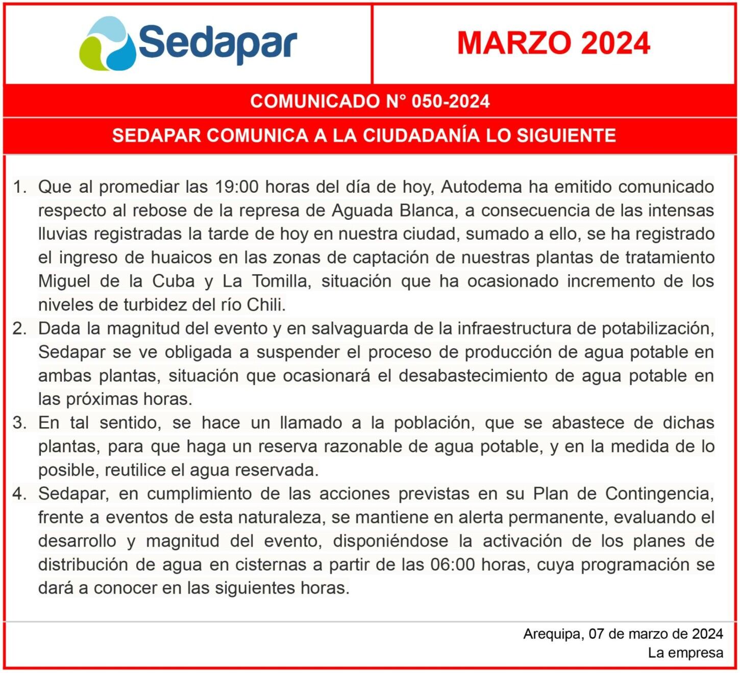 Comunicado Sedapar.