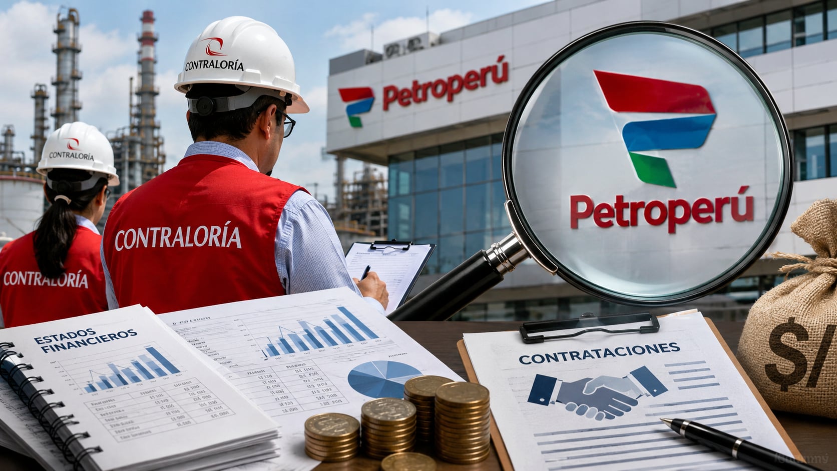 Aguilar no descartó que la Contraloría busque, eventualmente, evaluar el "costo-beneficio" de la inversión realizada en la Nueva Refinería de Talara. Fotocomposición: Alessandro Azurín, ChatGPT, Diario Gestión.