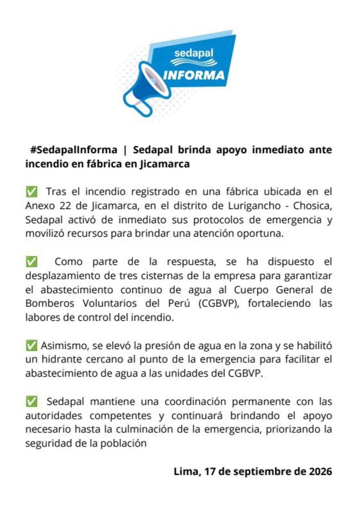 Comunicado de Sedapal. Foto: X.