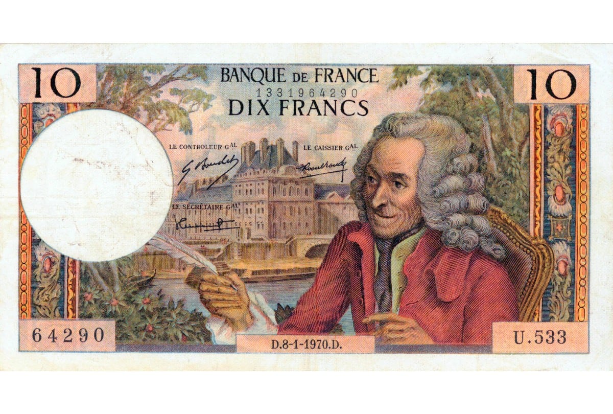 Homenaje a Voltaire en un billete bancario francés de la segunda mitad del siglo XX. | Crédito: Collection privée de Trisku