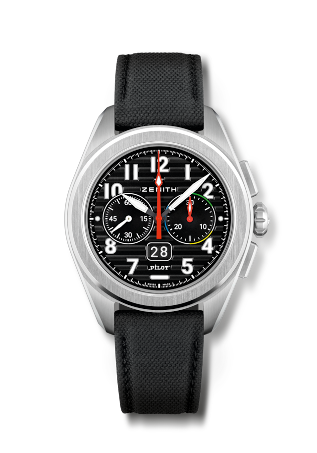 El Zenith Pilot Big Date Flyback en acero inoxidable tiene una caja de 42.5 mm. Destaca por un contador de minutos de cronógrafo en colores alternos. La versión de acero incluye una correa de caucho negro y una de piel marrón. (Foto: Casa Banchero)