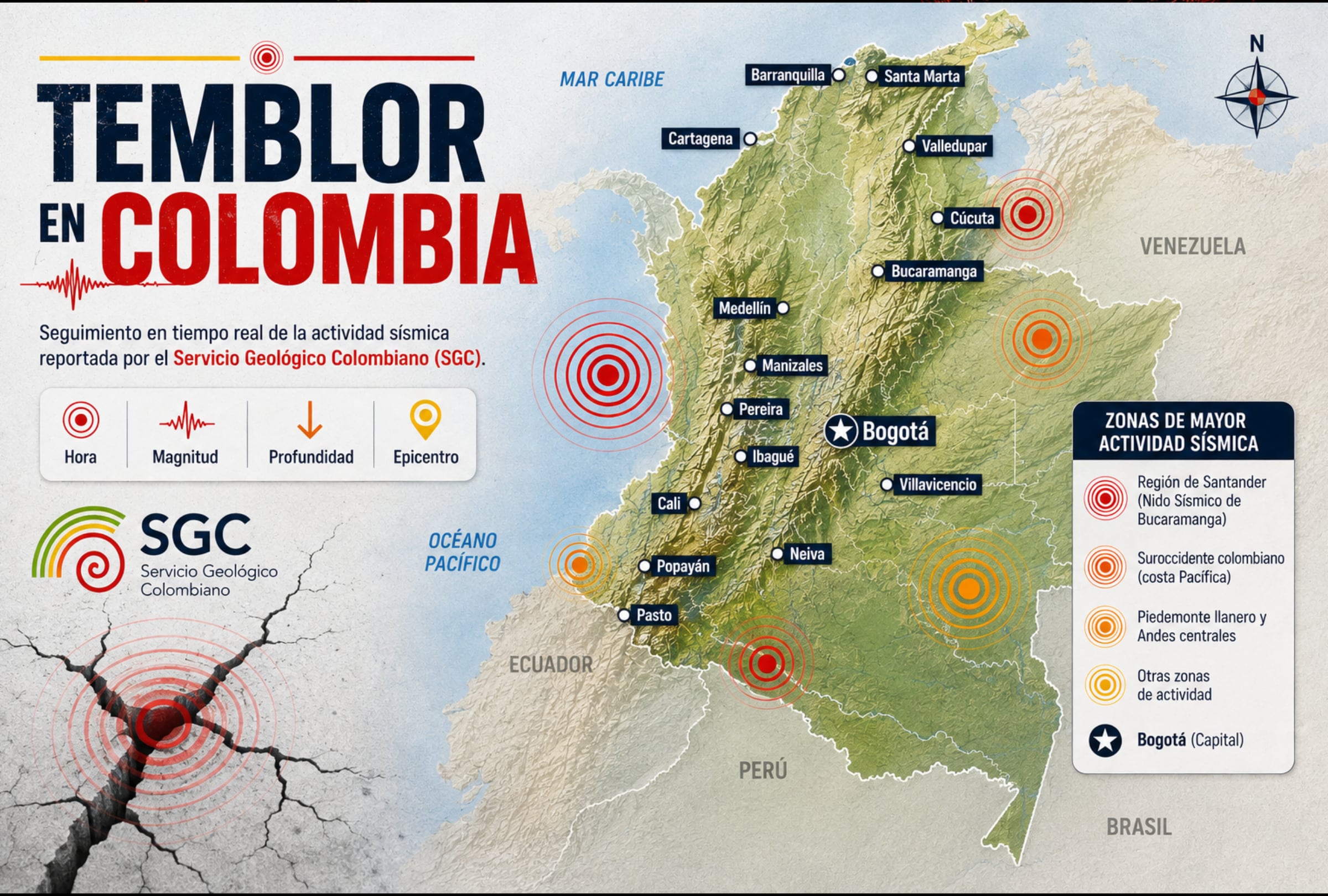 BOGOTÁ (COLOMBIA), 29/08/2026.- Te compartimos los datos sobre dónde y a qué hora fueron registrados los últimos temblores en Colombia este sábado 29 de agosto, así como su magnitud, profundidad y epicentro, según el reporte del Servicio Geológico Colombiano (SGC). FOTO DE NOÉ YACTAYO CON DATOS DEL SGC DE COLOMBIA
