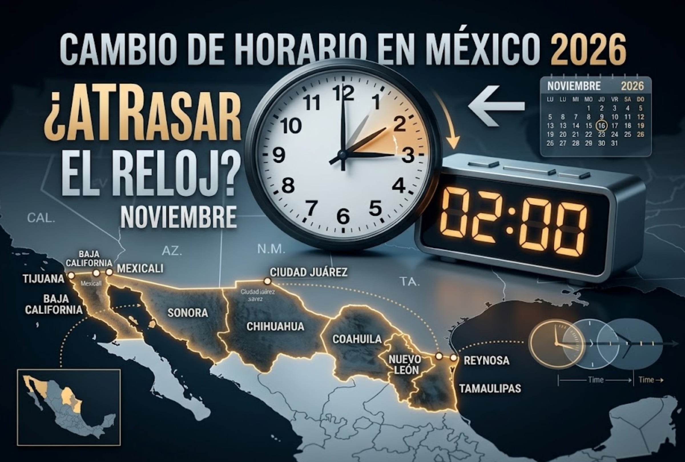 Cambio de horario en México. Los estados que deben atrasar su reloj el 1 de noviembre. Foto: Imagen creada por la IA de Gemini.