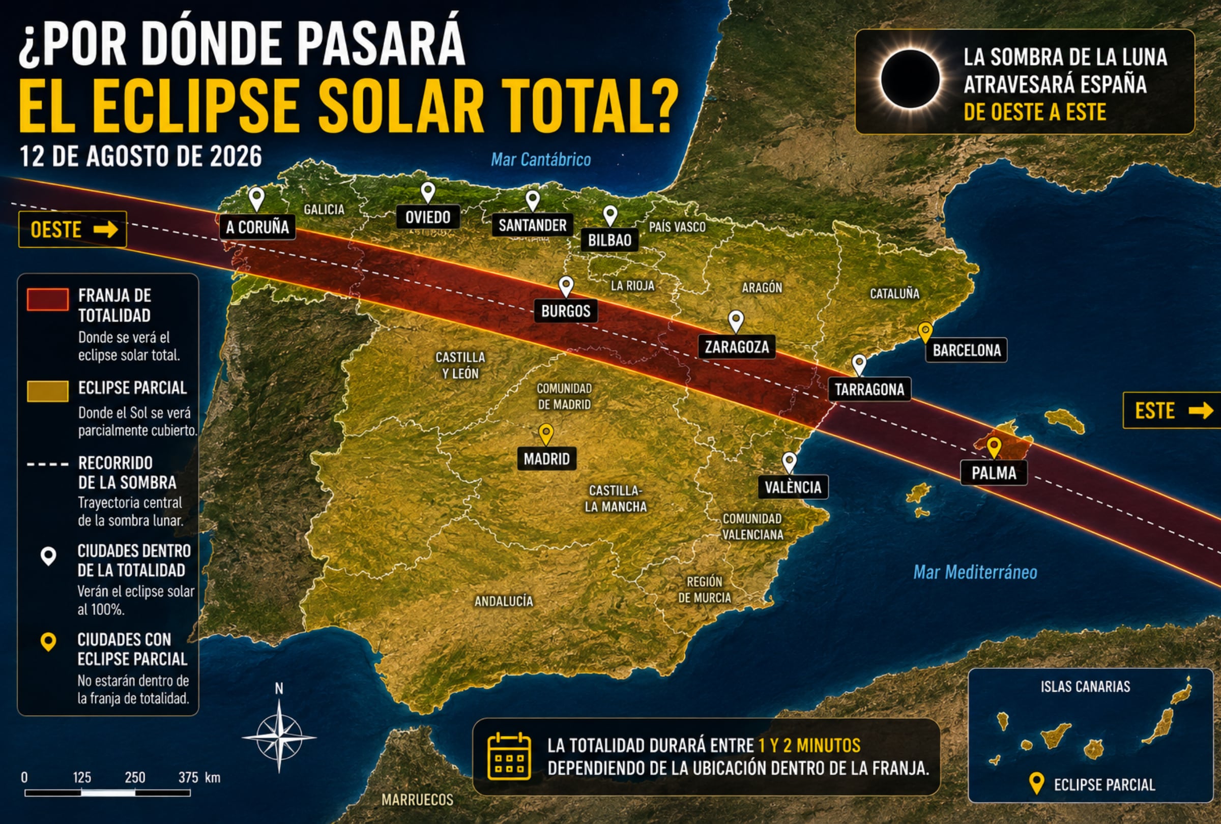 MADRID (ESPAÑA), 12/08/2026.- Mapa de la trayectoria del eclipse solar total del 12 de agosto de 2026 en España, con la franja de totalidad que recorrerá el norte de la Península desde Galicia hasta el Mediterráneo y las zonas donde el fenómeno se observará de forma parcial. FOTO DE NOÉ YACTAYO