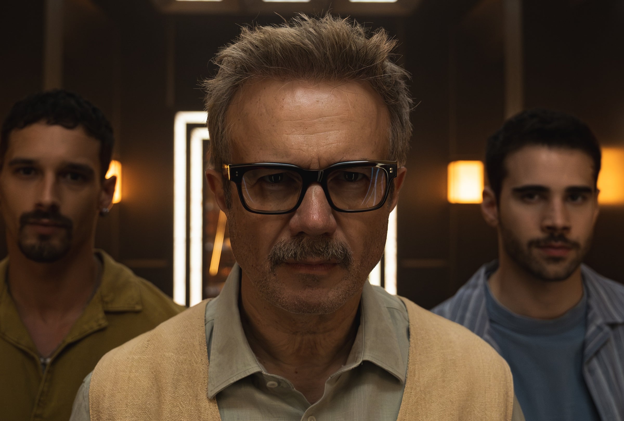 Joel Sánchez como Bruce, Tristán Ulloa como Damián y Julio Peña como Roi en una escena del episodio 6 de la serie española "Berlín y la dama del armiño" (Foto: Netflix)