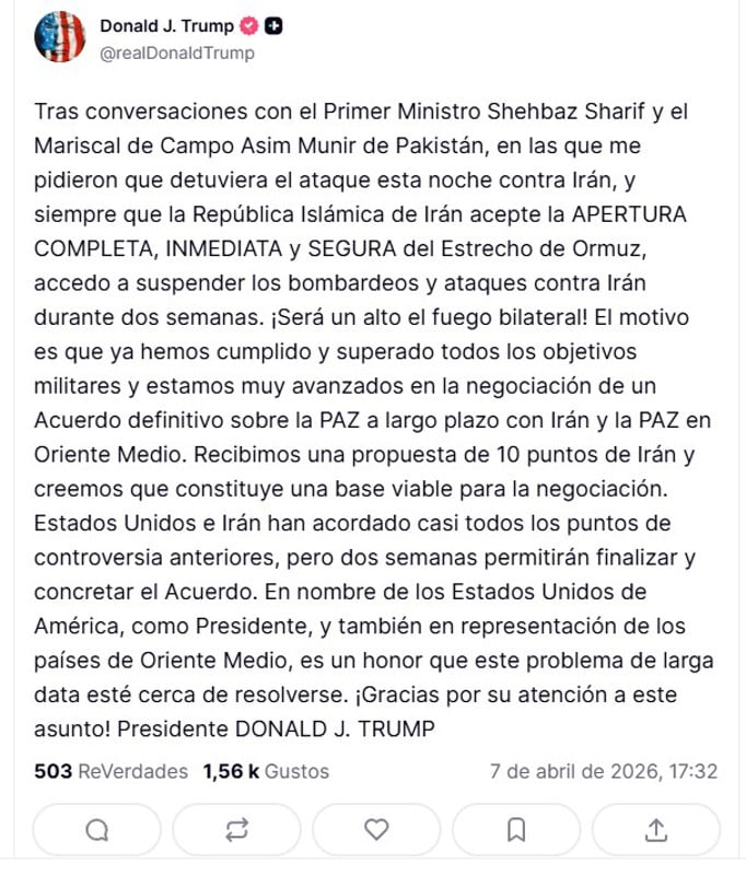 Captura de una publicación en la cuenta @realDonaldTrump en Truth Social del presidente de EE.UU., Donald Trump, este martes que anuncia el aplazamiento por dos semanas el ataque contra las infraestructuras críticas iraníes. EFE/ @realDonaldTrump