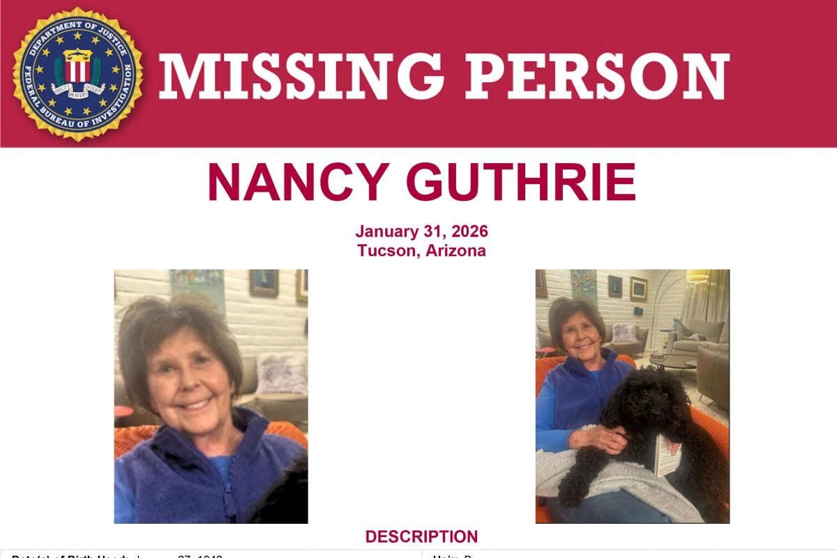 Esta imagen muestra el cartel de persona desaparecida de Nancy Guthrie, madre de Savannah Guthrie, copresentadora del programa «Today» de NBC News. Foto: FBI / AFP