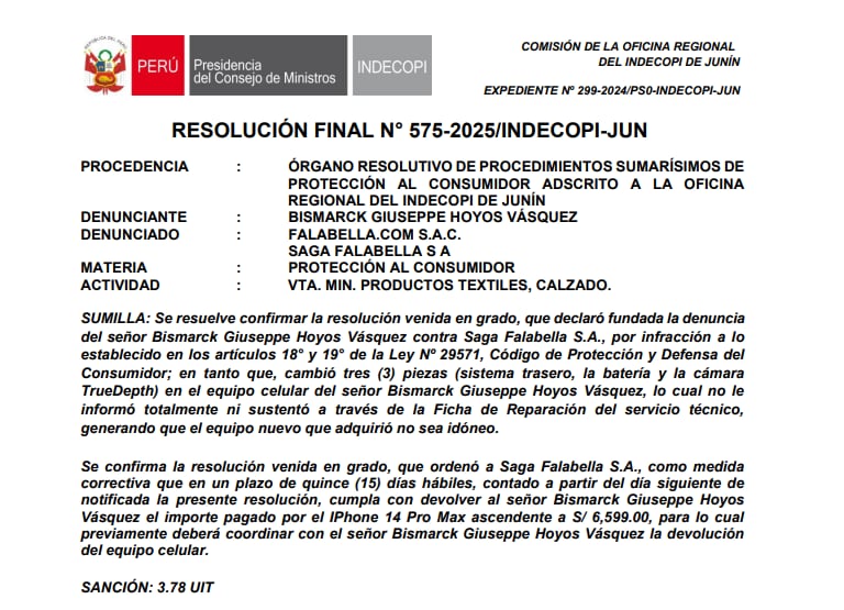 La multa impuesta por Indecopi a Saga Falabella asciende a 3.78 UIT (S/ 20,223).